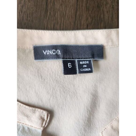 VINCE 100% Silk Long Sleeve Colorblock Blouse Top Size 6 Ivory Peach Split Neck - Picture 8 of 10